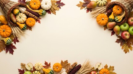Fototapeta premium Festive autumn harvest background with pumpkins gourds and colorful fall leaves arranged as a decorative border frame design