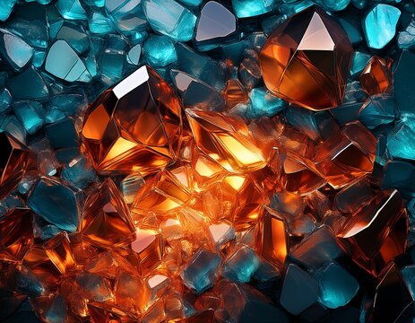copper slag glass texture with glowing orange translucent crystals and dark teal rough stones in a close up abstract surface for industrial design backgrounds