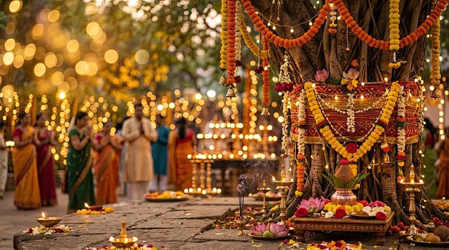 People performing devotional rituals around adorned sacred tree during evening festival with Devotees gather decorated tree garlands offerings during ceremonial evening celebration traditionalgarment