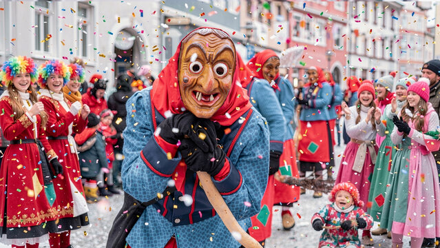 Lustige Hexe mit schiefen Z&auml;hnen und gro&szlig;en Augen beim bunten Fasnachtsumzug - Tradition - Alemannische Fastnacht
