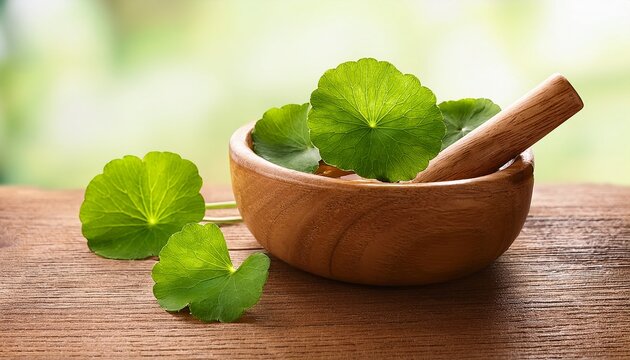 gotu kola leaves extract centela asiatica natural skincare ingredient on wooden bowl
