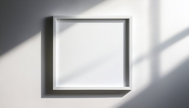 imagen minima de marco cuadrado blanco vacio simulada colgada sobre fondo de pared blanca con luz y sombra de ventana aislar imagen