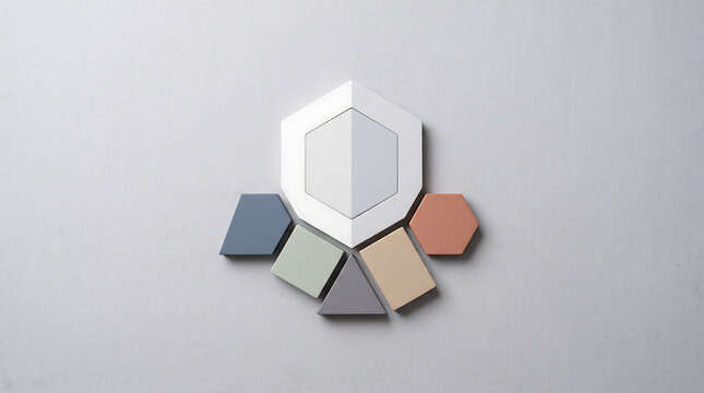 A central white hexagon surrounded by smaller geometric shapes including a blue trapezoid, green square, grey triangle, beige rectangle, and terracotta hexagon on a plain grey background
