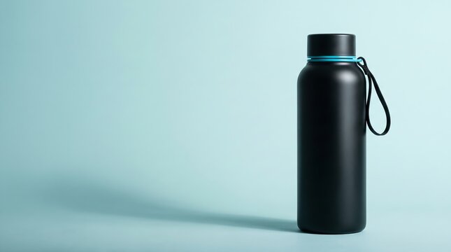 Black reusable water bottle against a plain light blue background with black container plastic free eco friendly water storage fitness equipment personal bottle beverage container lifestyle acc