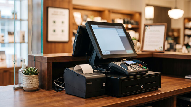 A close-up view of a retail point-of-sale system on a wooden counter, featuring a touchscreen monitor, receipt printer, and payment terminal in a shop