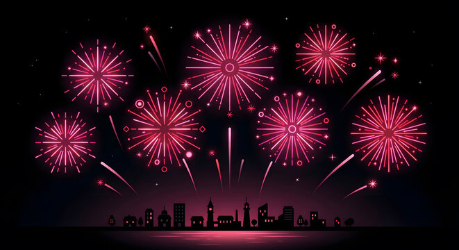 Pink fireworks exploding over a city skyline at night
