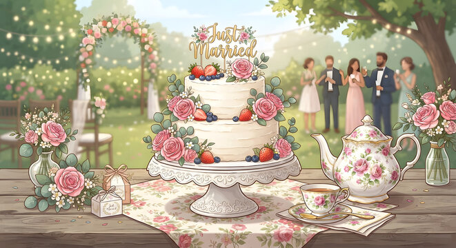 Wedding cake and tea setting in a garden