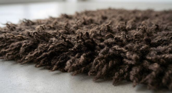 Brown shaggy wool rug on a concrete floor