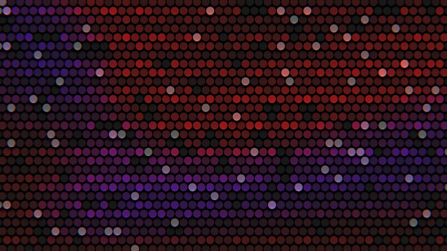 Dark abstract halftone pattern composed of dense purple, red, blue, and white circular dots arranged in horizontal rows, creating a digital illuminated texture.