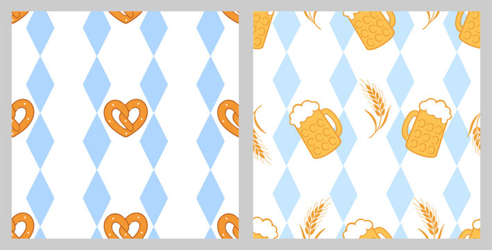 Seamless German festival pattern featuring golden beer mugs, traditional pretzels, wheat stalks and blue diamond shapes on a white background in simple flat vector style. 