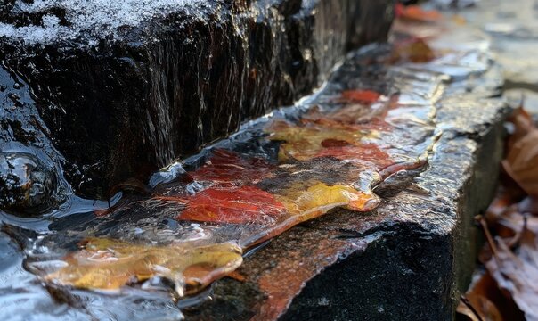 Close-up of water flowing over mossy stones with autumn leaves