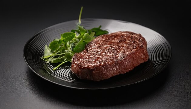 steak daging sapi matang di atas piring hitam latar belakang gelap tampak atas ruang fotokopi