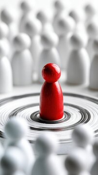 Red wooden figure standing out in targeted concentric circles surrounded by blurred white figures symbolizing leadership and individuality in a group setting
