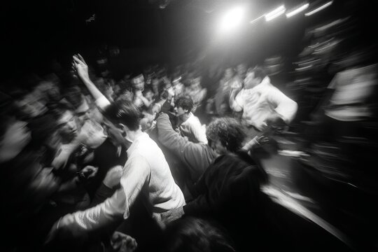 Dynamic mosh pit scene with jumping bodies and high contrast flash bursts in gritty black and white