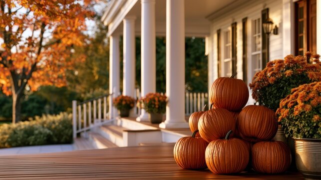 Cozy autumn front porch with stacked bright orange pumpkins and seasonal chrysanthemums surrounded by colorful fall foliage and warm sunlight glow