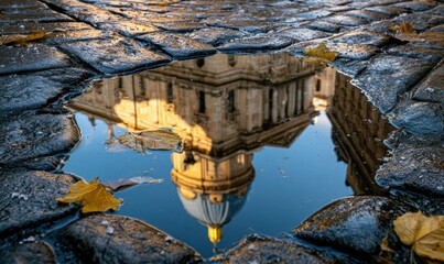 Fototapeta premium Urban reflection photo showing church dome mirrored in rain puddle