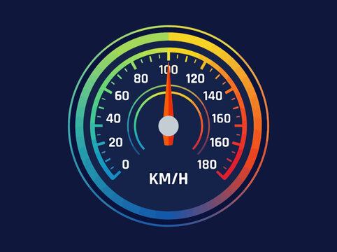 Colorful speedometer icon with kmh measurement scale on dark background