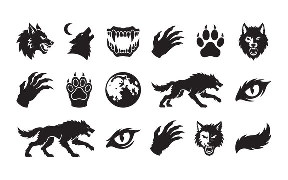 Black wolf icons and werewolf silhouttes, various mystical animal body parts for tattoo designs.