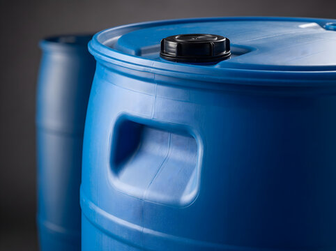 Close up shot of a blue 55 gallon barrel with a black cap, designed for industrial storage and transport.