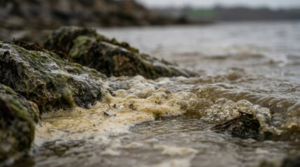 Obraz premium Foamy polluted water lapping against algae covered rocks with murky brown discoloration and floating debris along a coastline