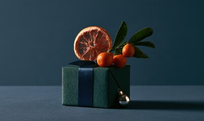 Naklejka premium Minimalist holiday gift box decorated with citrus fruits and greenery