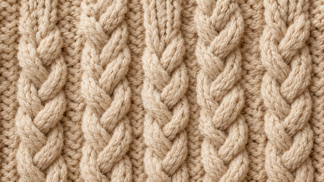 Macro view of chunky oatmeal cable-knit wool texture