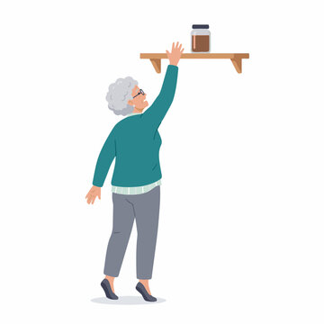 Elderly person reaching high kitchen shelf. Senior woman trying to get jar. Flat design vector illustration