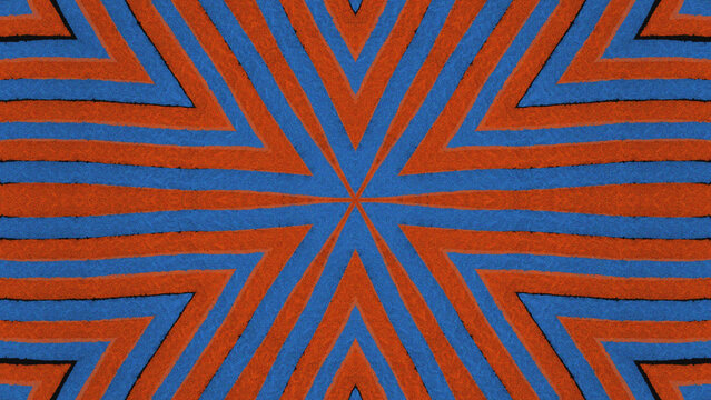 Bold geometric abstract pattern with symmetrical orange and blue angular lines radiating from a central point, creating a dynamic starburst composition.