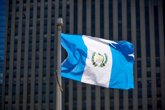 The Guatemalan flag on a flag pole at Toronto City Hall&rsquo;s Nathan Phillips Square.

