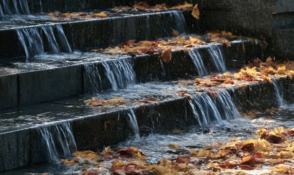 Autumn leaves scatter across stone steps as water trickles down