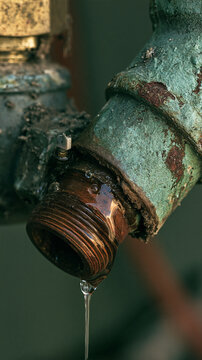 Old rusty metal pipe fitting with leaking water drop water leak dripping water corroded metal industrial pipe plumbing leak rusted fitting metal corrosion verdigris industrial plumbing