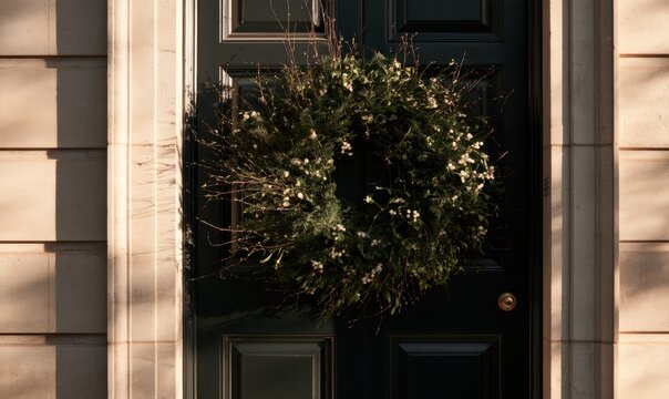 Front door decorated with traditional Christmas wreath made from evergreen branc