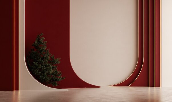 Sleek abstract interior with red accents and single green tree