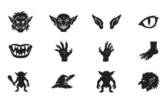 Goblin and orc silhouette icon set including black monster faces and wizard hats for fantasy gaming.