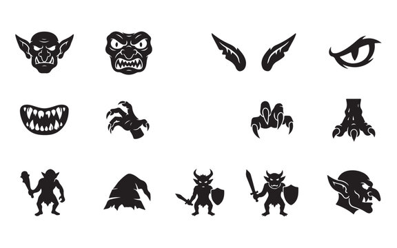 Scary goblin and troll silhouette vector icons for halloween design projects on transparent background.