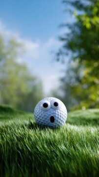A golf ball with expressive eyes and a surprised mouth resting on lush green grass under a clear blue sky with blurred trees in the background