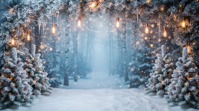 Winter wonderland photo booth with snowy background and illuminated trees