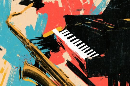 Vibrant artistic illustration of a saxophone and piano keyboard with bold brush strokes in dynamic red, blue, black, and beige tones capturing musical energy