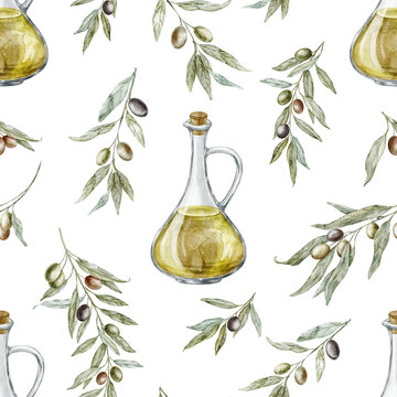 Olive Oil seamless Pattern with glass bottles, olive branches and scattered fruit on isolated background. Watercolor Mediterranean repeat for culinary packaging, kitchen textile and food design.