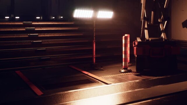 In a dark industrial area, bright lights shine down on metal stairs and posts. The setting shows a mix of shadows and light creating a contrast in the space.