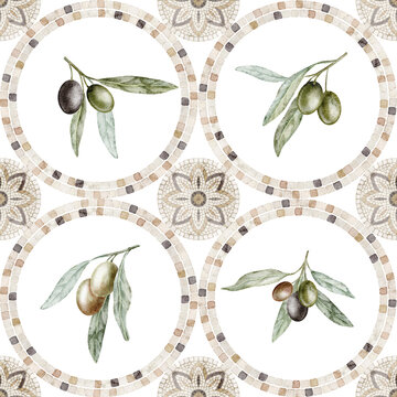 Olive branch with mosaic seamless Pattern with circular botanical motifs and stone details on isolated background. Watercolor repeat for labels, packaging, tableware and Mediterranean food design.