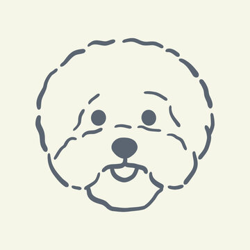 Minimal outline illustration of a Bichon Frise dog face with fluffy fur and distinctive features. Clean vector icon for pet lovers, breed identification, animal illustration, and design projects.