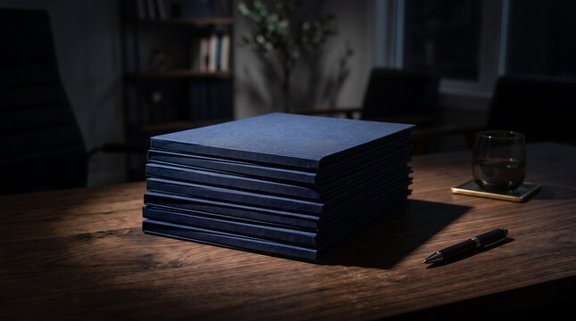 A stack of dark blue, textured hardcover books or folders resting on a polished wooden desk in a dimly lit office, with a black pen and a glass on a coaster nearby