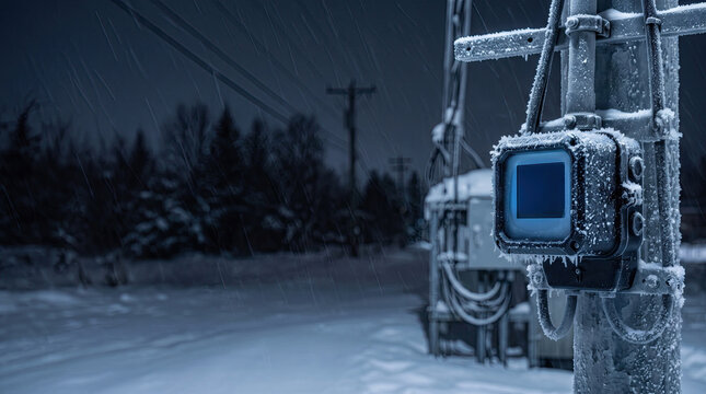 Frozen outdoor electrical utility box on a snow covered pole at night