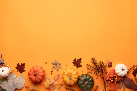 Creative autumn border with colorful pumpkins, leaves and branches on bright terracota background with copy space for your design.