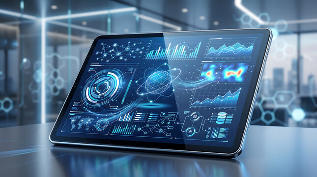 A tablet displaying blue digital data visualization, including charts, graphs, network nodes, and a central glowing atom icon on a reflective surface in a blurred office setting