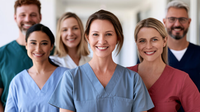 Diverse group of healthcare professionals smiling, standing together, and looking at the camera, representing teamwork, medical support, and dedicated hospital staff