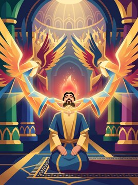 Isaiah kneels in the temple as the seraphim touches a coal to Isaiah&rsquo;s lips, symbolising his purification