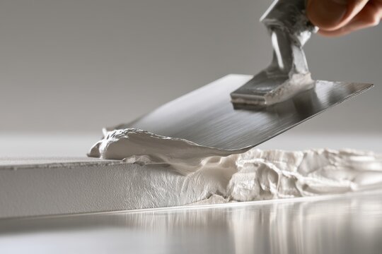 Smoothing white plaster compound on a drywall sheet using a stainless steel putty knife for wall repair and finishing in home renovation
