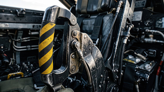 Striped ejection seat handle inside complex aircraft cockpit